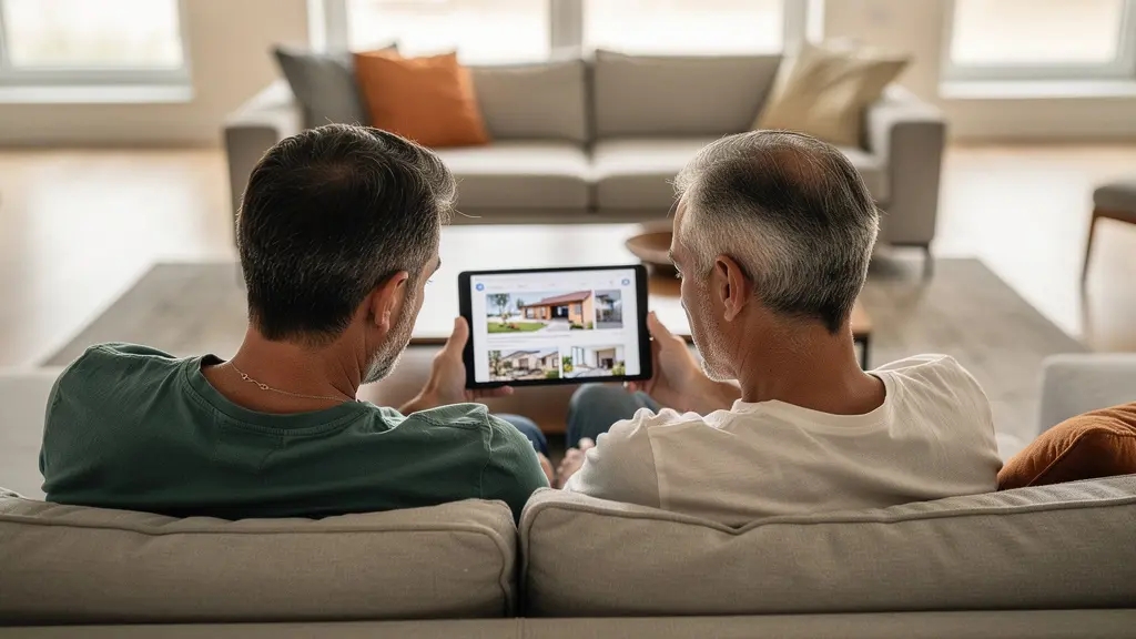 Coppia italiana consulta l'andamento dei prezzi immobiliari su tablet (ciclo mercato)