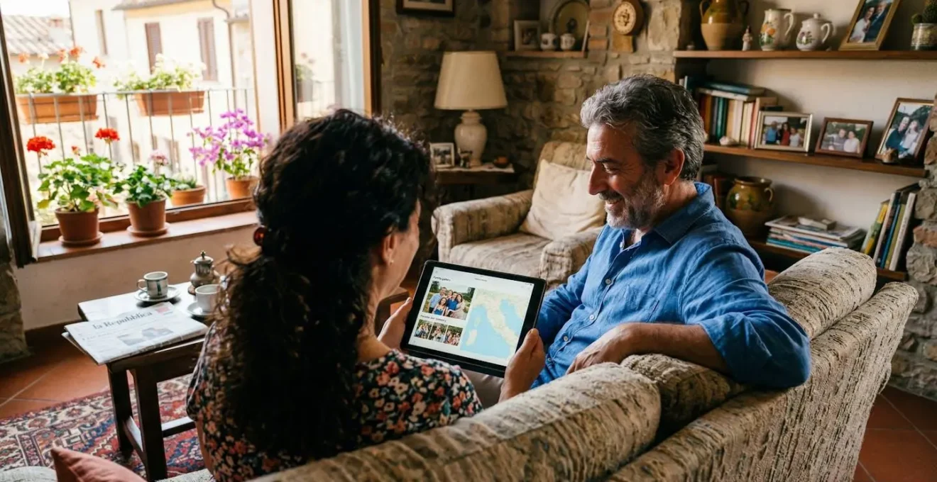 Una coppia di mezza età seduta sul divano del loro soggiorno italiano guarda insieme un tablet con espressione concentrata