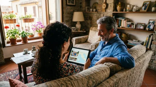 Una coppia di mezza età seduta sul divano del loro soggiorno italiano guarda insieme un tablet con espressione concentrata