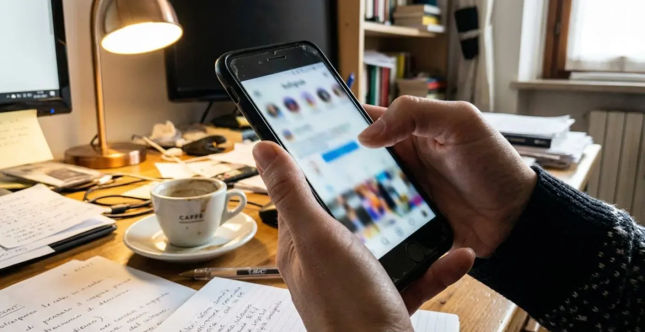 Dettaglio di mani che scorrono su uno smartphone appoggiato su un tavolo con documenti e una tazza di caffè